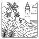 Coastal lighthouse coloring page for adults – beach scene with waves and a peaceful shoreline