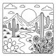 Desert coloring page with cacti, mountains, and wildflowers