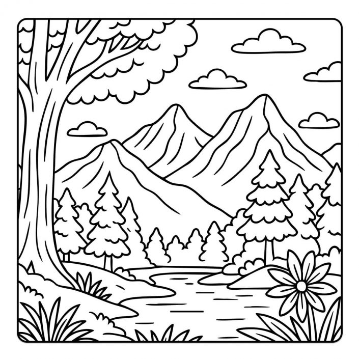 Mountain forest scene with trees and river – printable coloring page