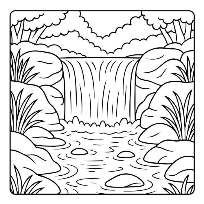 Printable waterfall coloring page with forest background and rocks