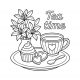 Tea time scenes with cupcake, heart cookies, teacup, and lilies in a vase
