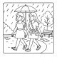 Kawaii girls walking in rain under umbrella – cozy coloring for adults