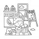 Kawaii laundry scene with girl, washing basket, and cute pet
