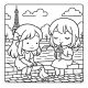 Girls sitting by Paris river with drink and pigeon – kawaii travel coloring page