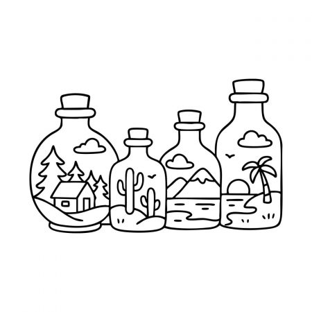 Four landscapes in bottles including forest, cactus desert, mountain, and island
