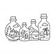 Four landscapes in bottles including forest, cactus desert, mountain, and island