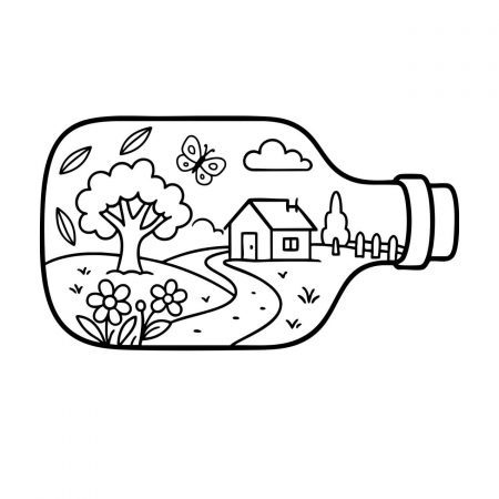 Country road with house and tree inside a glass bottle
