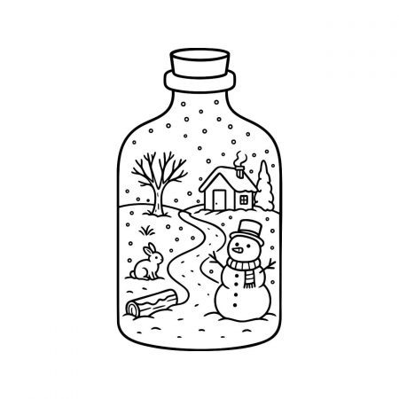 Snowman, cabin, and snowy trees inside a bottle