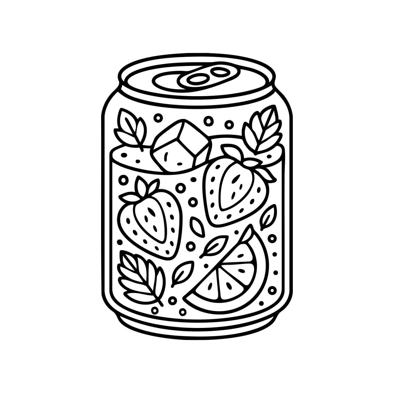 Soda can with strawberries, citrus slices, mint leaves and ice cubes