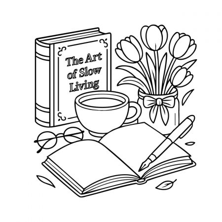 Desk setup with tulips, teacup, glasses, journal, and book