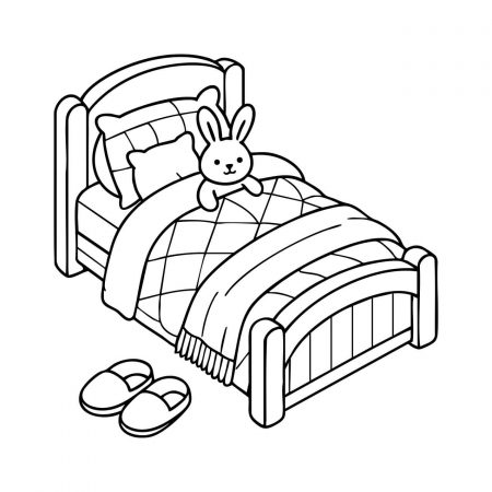 Bunny tucked in bed with pillows and slippers beside it
